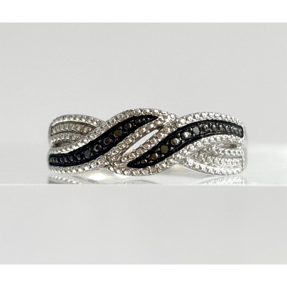 Black Spinel Braided Crossover Shank Sterling Silver 925 Vintage Ring - sz 8